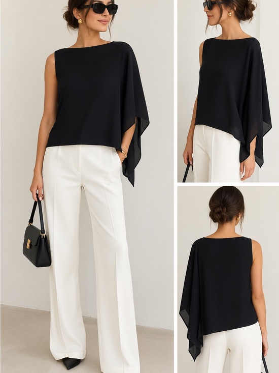 Cheap Monday Tops - Cheap Monday SILK Black One-Shoulder Asymmetric Draped Top